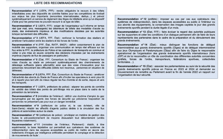 Les recommandations émanant du rapport sur les incidents du Stade de France pendant la finale de la Ligue des Champions