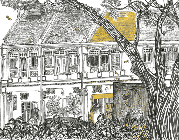 Chinatown en fête (encre noire, feutre doré)  vue de Sago Street depuis Kreta Ayer Square, le 26 janvier 2016