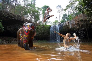 Séance de Bokator avec un éléphant de l'association. Crédit : Fondation Airavata