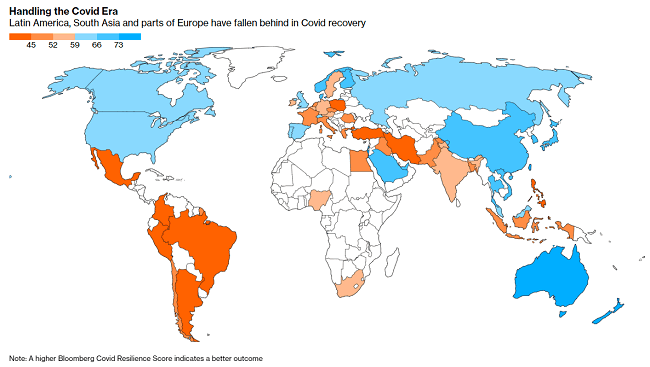 carte bloomberg de la situation covid dans le monde