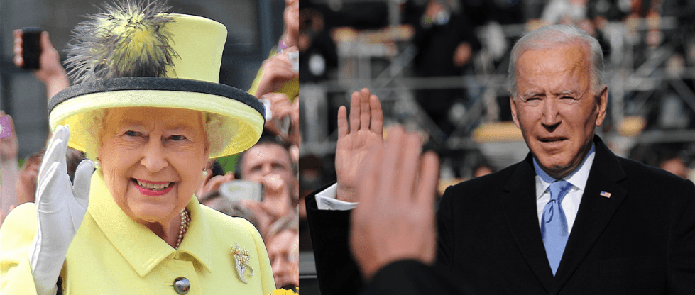 Le président des Etats-Unis et la reine Elizabeth II saluant de la main