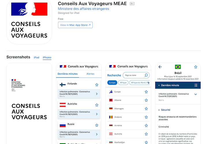 L'application Conseils aux voyageurs sur IOS