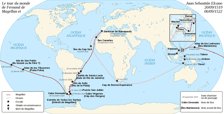 carte du tour du monde effectué par elcano