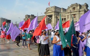 Une foule de personnes brandissant des drapeaux rouges, violets et verts