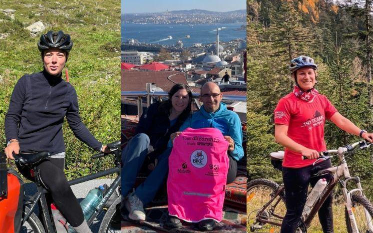 Témoignages de Charlotte Bacquaert (à gauche), Laurène Philippot (à droite) et Émilie et Davy Sanchis (au centre), tous passionnés de voyages à vélo.