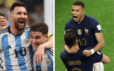 Lionel Messi et un autre joueur argentin face à Olivier Giroud et Kylian Mbappé pour la finale de la Coupe du Monde 2022 au Qatar