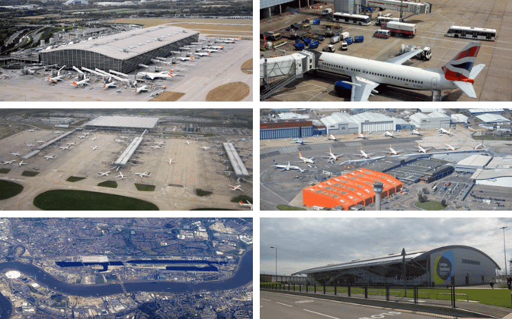 Les 6 aéroports majeurs de Londres : Heathrow, Gatwick, Stansted, Luton, Londres-City et Southend