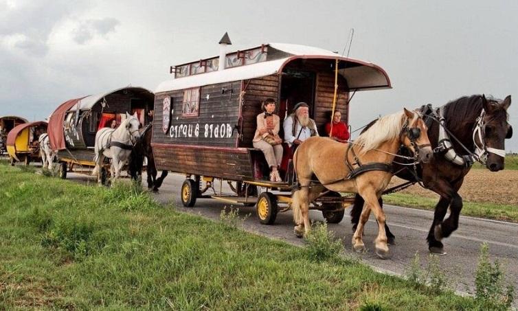 calèche en bois tirée pas des chevaux