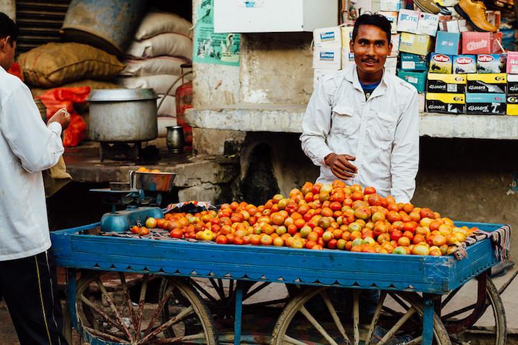 Un marchand de tomates dans la rue en Inde