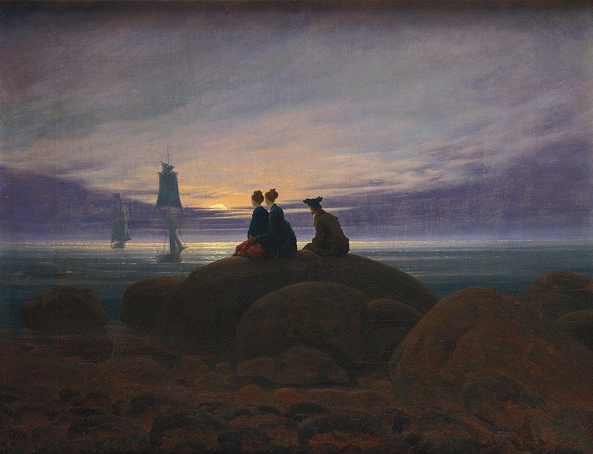 Tableau de David Freidrich, paysage avec trois personnes devant un coucher de soleil sur la mer