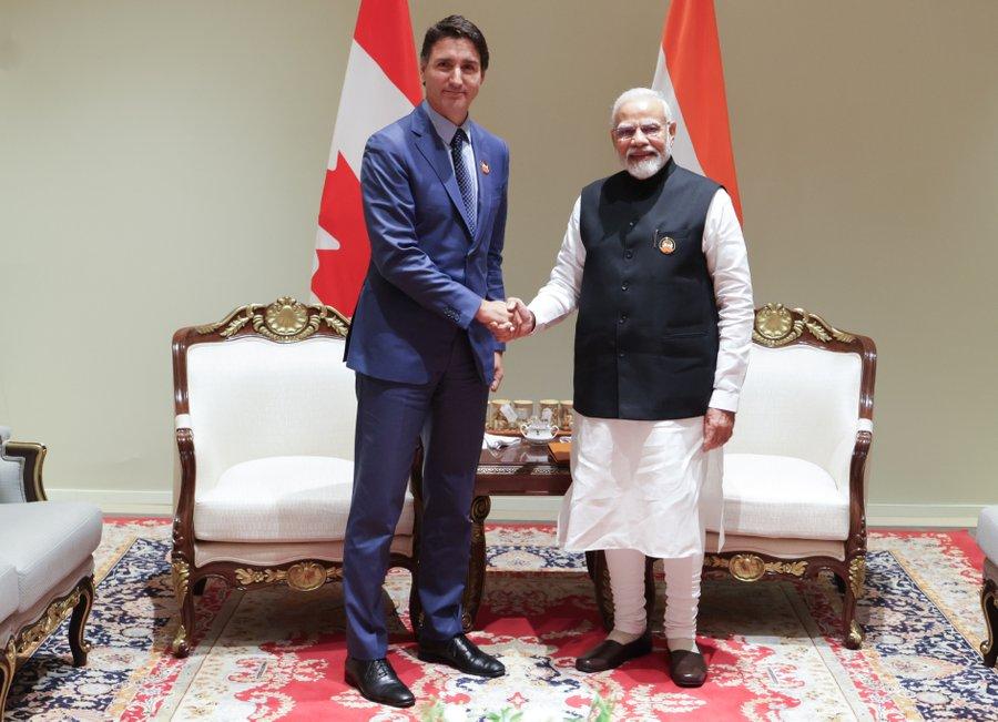 Rencontre N.Modi et J.Trudeau en marge du G20 =. Source : X @Narendra Modi