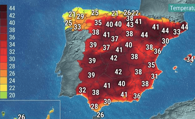 carte avec températures caniculaires en espagne