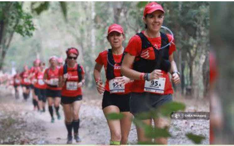   Les participants ont couru en ligne dans la jungle autour du complexe de temples d'Angkor Thom le 20 mars. Photo : Chea Youkeang