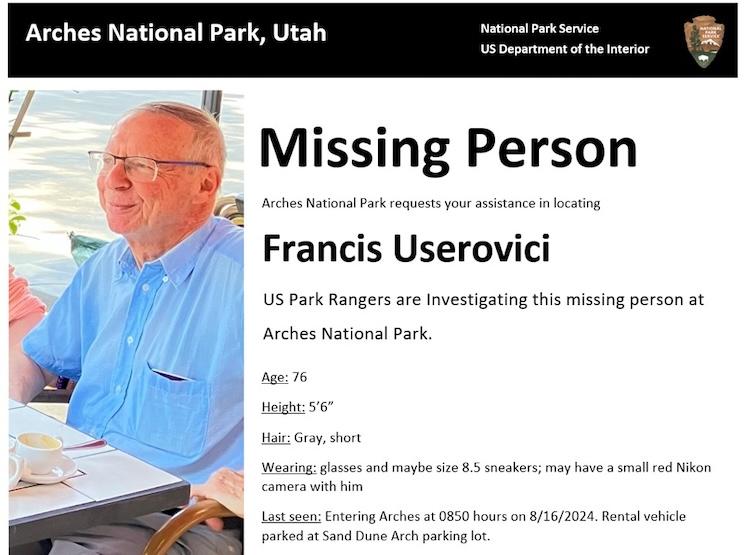 francis userovici, Un retraité français disparu dans le parc national des Arches dans l’Utah