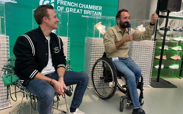 Xavier Le Borgne, CEO Lacoste UK &amp; Eire et Michaël Jérémiasz, ancien champion paralympique de tennis-fauteuil et chef de mission des Jeux Paralympiques Paris 2024 (Crédit  D. Gourgues)