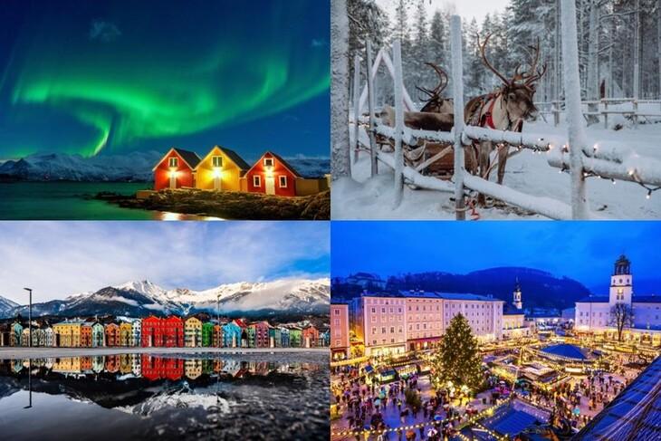 Collage hivernal : Aurores boréales avec maisons colorées en Norvège, rennes dans une forêt enneigée de Laponie, maisons colorées en bord de rivière, et marché de Noël illuminé dans une ville alpine