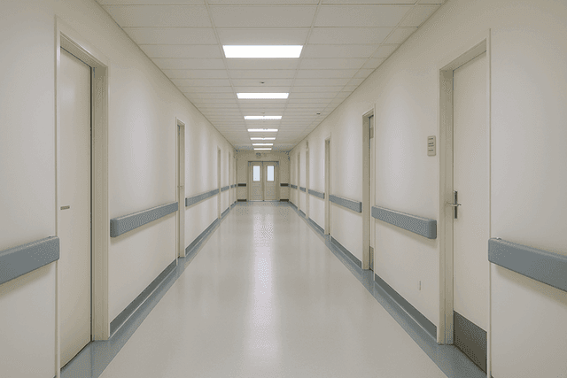  Couloir vide d’un hôpital, éclairé par une lumière blanche uniforme, avec portes fermées de chaque côté et sol immaculé