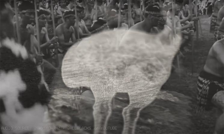 Une silhouette de moa superposée à des images d'archives d'une tribu maori