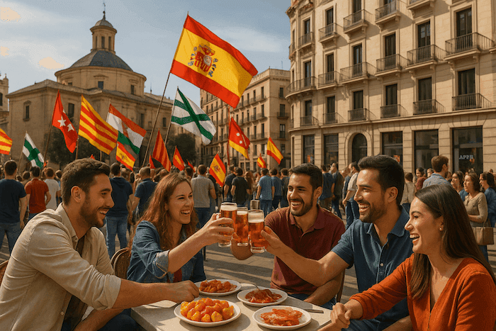 Scène de rue en Espagne : un groupe d’amis trinque à une terrasse avec tapas, tandis qu’en arrière-plan des manifestants agitent le drapeau national espagnol et plusieurs drapeaux régionaux, dont ceux de la Catalogne, du Pays basque, de l’Andalousie, de Madrid et de la Cantabrie.