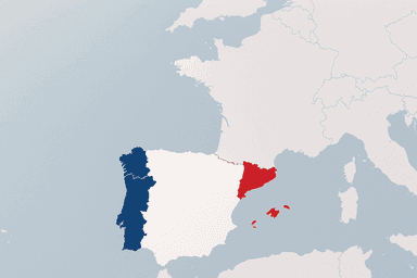 Carte de la 5ᵉ circonscription des Français de l’étranger, mettant en surbrillance l’Espagne, le Portugal, Andorre et Monaco en bleu-blanc-rouge pour situer le périmètre de l’élection partielle du 28 septembre.