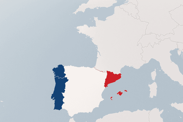 Carte de la 5ᵉ circonscription des Français de l’étranger, mettant en surbrillance l’Espagne, le Portugal, Andorre et Monaco en bleu-blanc-rouge pour situer le périmètre de l’élection partielle du 28 septembre.