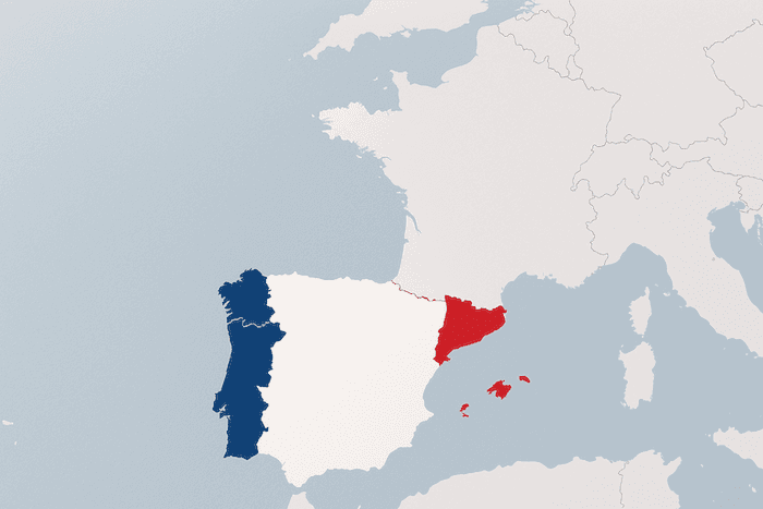 Carte de la 5ᵉ circonscription des Français de l’étranger, mettant en surbrillance l’Espagne, le Portugal, Andorre et Monaco en bleu-blanc-rouge pour situer le périmètre de l’élection partielle du 28 septembre.