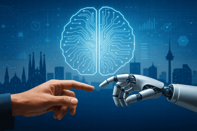Image représentant une main humaine tendue vers une main robotique, sur fond de skyline évoquant Madrid et Barcelone, avec un cerveau numérique lumineux symbolisant la rencontre entre humanité et intelligence artificielle.