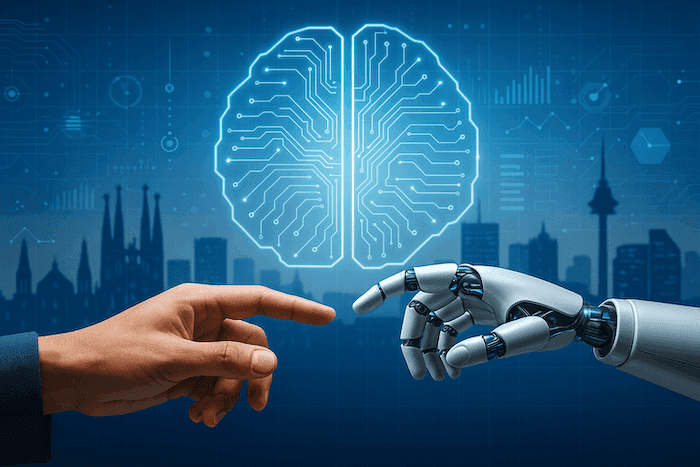 Image représentant une main humaine tendue vers une main robotique, sur fond de skyline évoquant Madrid et Barcelone, avec un cerveau numérique lumineux symbolisant la rencontre entre humanité et intelligence artificielle.