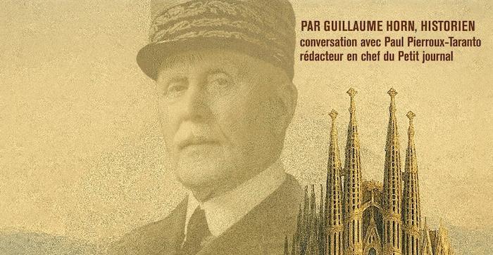 fragment de l'affiche avec Philippe petain, la sagrada familia de barcelone, et les noms des intervenants Guillaume Horn et Paul Pierroux-Taranto