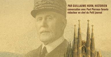 fragment de l'affiche avec Philippe petain, la sagrada familia de barcelone, et les noms des intervenants Guillaume Horn et Paul Pierroux-Taranto