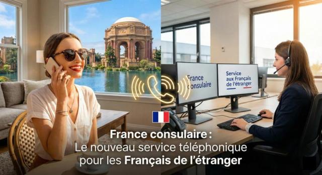 Une femme à San Francisco appelant au téléphone une femme de France Consulaire en France