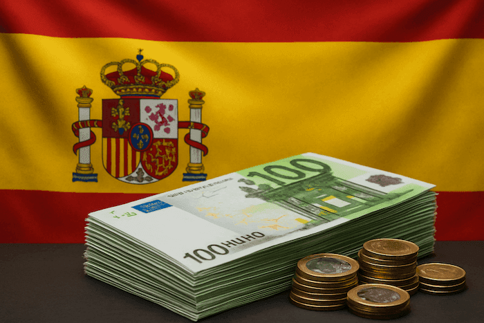 Pile de billets de 100 euros et pièces empilées au premier plan, avec en arrière-plan un drapeau espagnol légèrement ondulé.
