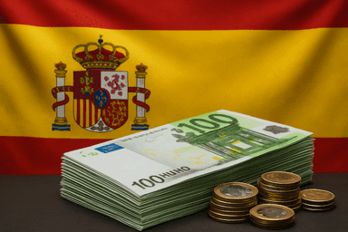 Pile de billets de 100 euros et pièces empilées au premier plan, avec en arrière-plan un drapeau espagnol légèrement ondulé.