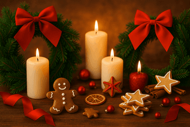 Détails festifs de Noël : bougies allumées, couronnes de sapin ornées de rubans rouges, biscuits en forme d’étoiles et bonhomme en pain d’épices sur fond chaleureux.