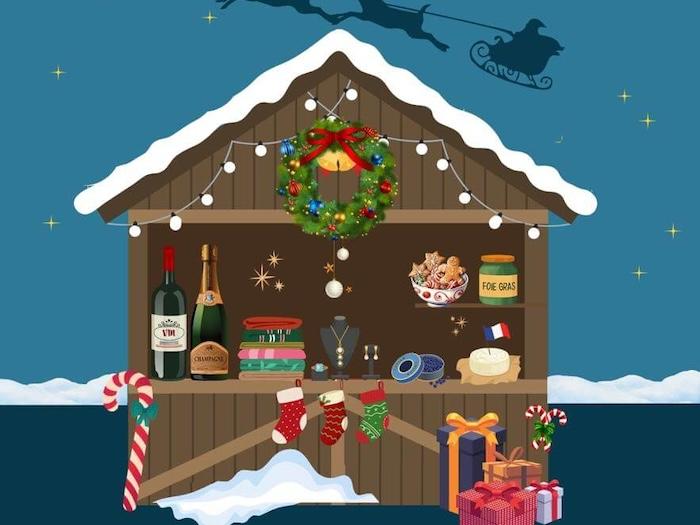 affiche du marche de noel de l'entraide avec maison chalet  