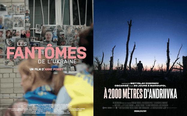 Les affiches des documentaires Les fantômes de l’Ukraine, d’Anne Poiret et À 2.000 mètres d’Andriivka, de Mstyslav Chernov.