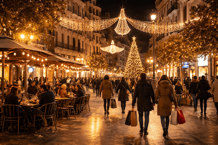 Scène de fin de journée dans une ville espagnole en hiver : une rue piétonne illuminée pour Noël, bordée de terrasses de cafés animées. Des passants emmitouflés, sacs de cadeaux à la main, se promènent sous une lumière chaude et dorée, créant une ambiance festive et chaleureuse.