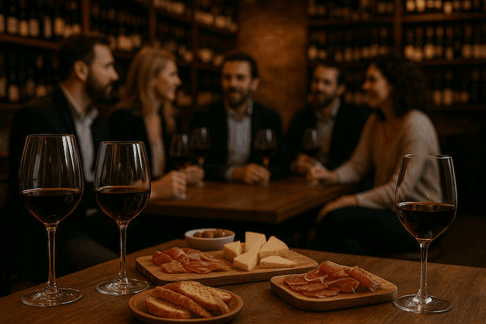 Table de bar à vin avec verres de rouge, planches de fromages et charcuteries françaises au premier plan, tandis qu’un groupe de personnes discute en arrière-plan dans une ambiance chaleureuse.
