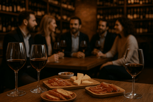 Table de bar à vin avec verres de rouge, planches de fromages et charcuteries françaises au premier plan, tandis qu’un groupe de personnes discute en arrière-plan dans une ambiance chaleureuse.