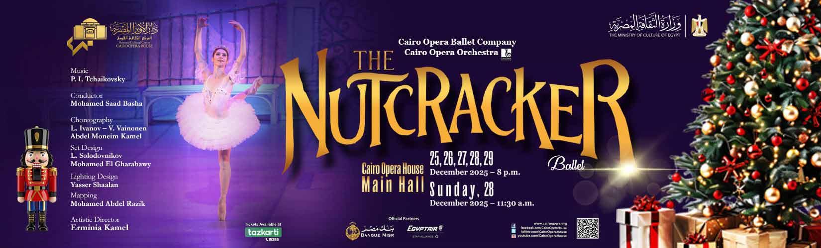 Affiche du ballet Le Casse-Noisette au Cairo Opera House, danseuse et décor de Noël