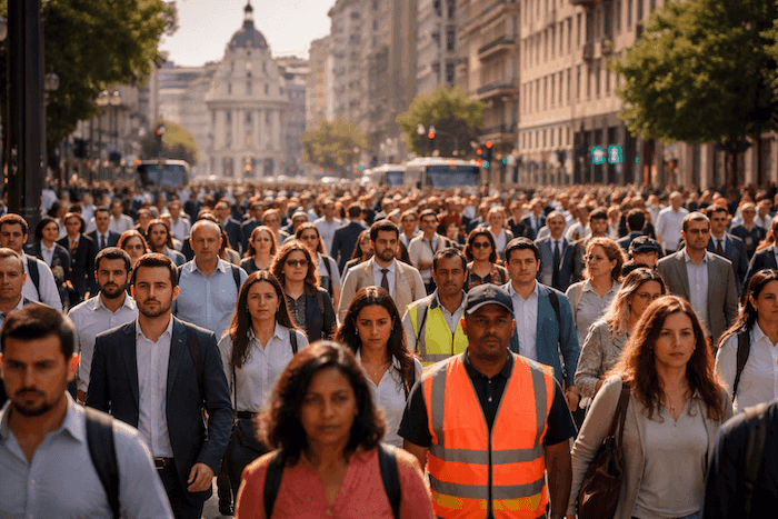 Foule dense de travailleurs et travailleuses à Madrid, représentant la diversité et le dynamisme du marché de l’emploi en Espagne