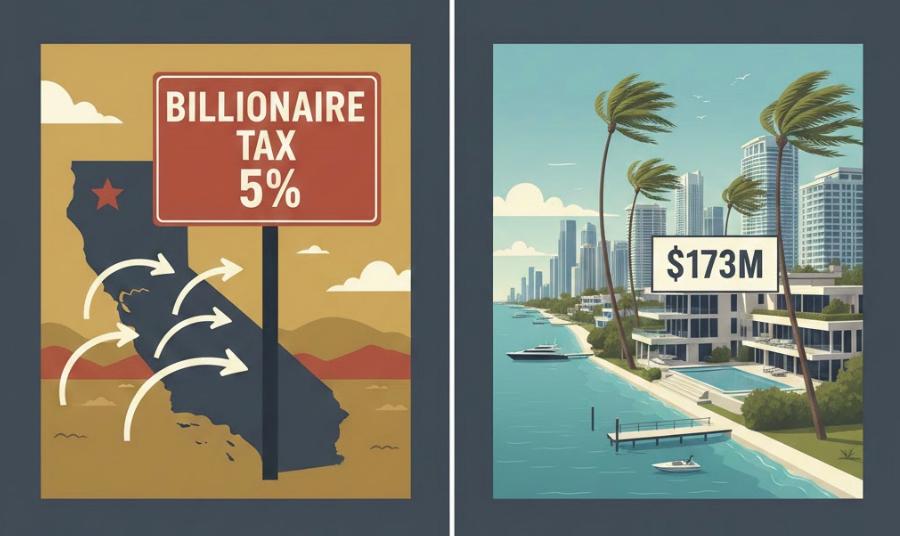 Illustration montrant l'exode de la Californie vers Miami suite à la Billionaire Tax
