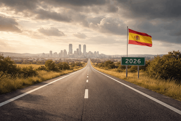 Route droite traversant un paysage espagnol et menant vers une skyline moderne à l’horizon, sous un ciel progressivement nuageux. Sur le bas-côté, un panneau routier indique « 2026 » à côté d’un drapeau espagnol, symbolisant une économie solide avançant vers un avenir plus incertain.