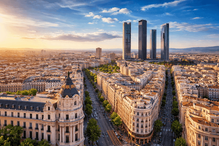 Vue aérienne de Madrid avec les Cuatro Torres, symbole du dynamisme économique de l’Espagne selon les prévisions du FMI.