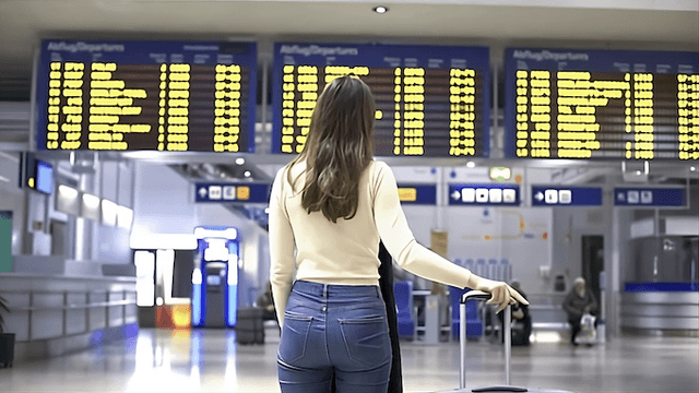 femme de dos haut jean bleu cheveux lâchés dans un aéroport avec une valise 
