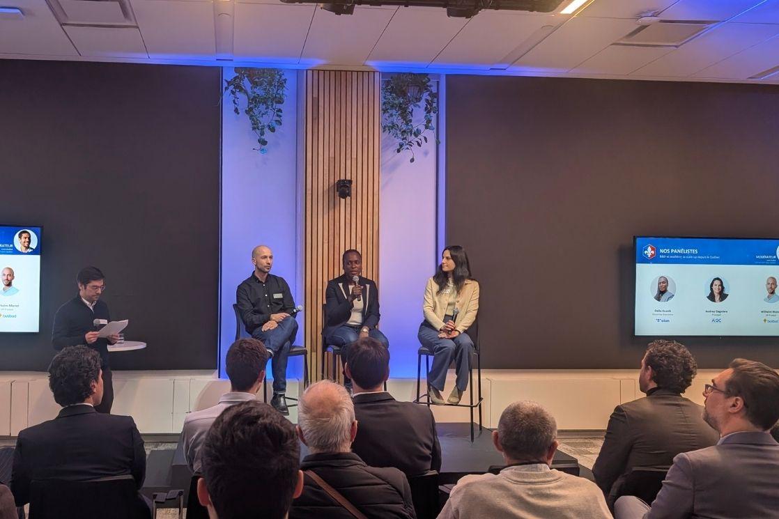 Panel du Collectif Tech France Québec à l’Espace CDPQ, le 12 février, avec Odile Kusnik (Alan Canada), Wilhelm Menet (Busbud) et Audrey Gagnere (AQC Capital), modéré par Louis Kozlow.