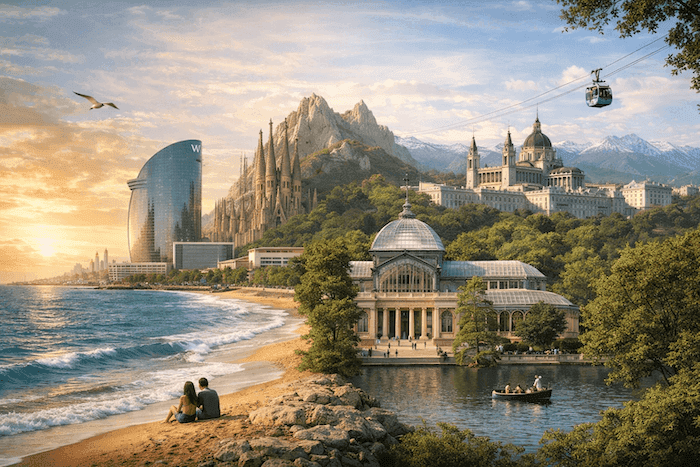 Une image composite où la Méditerranée de Barcelone rejoint les jardins et palais madrilènes, comme si la mer et le plateau se répondaient au crépuscule.