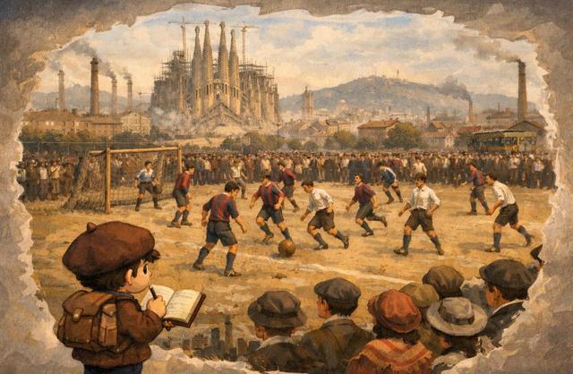 Illustration d'un petit personnage regardant l'histoire du FC Barcelona 