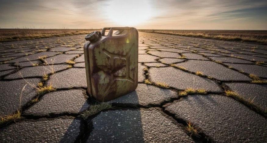 Jerrican sur terre aride et soleil