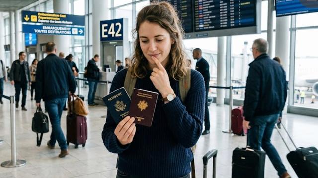Une femme avec deux passeports en main